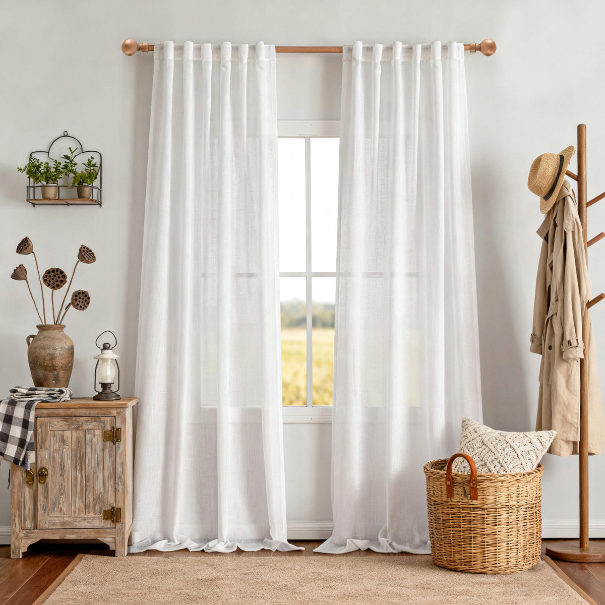 MYSKY HOME Linen Curtains for Living Room, Natural Semi Sheer Curtains & Drapes 84 inches Length 2 Panels Set Farmhouse Country Boho Style Back Tab Draperies for Sliding Glass Door, 50" Wide, Linen
