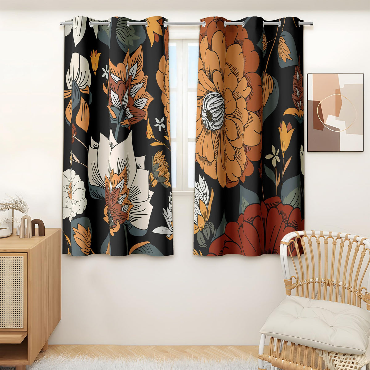 Tyrot Black Boho Floral Grommet Blackout Curtains, 52W x 84L, 2 Panels