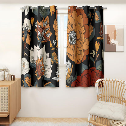 Tyrot Black Boho Floral Grommet Blackout Curtains, 52W x 84L, 2 Panels