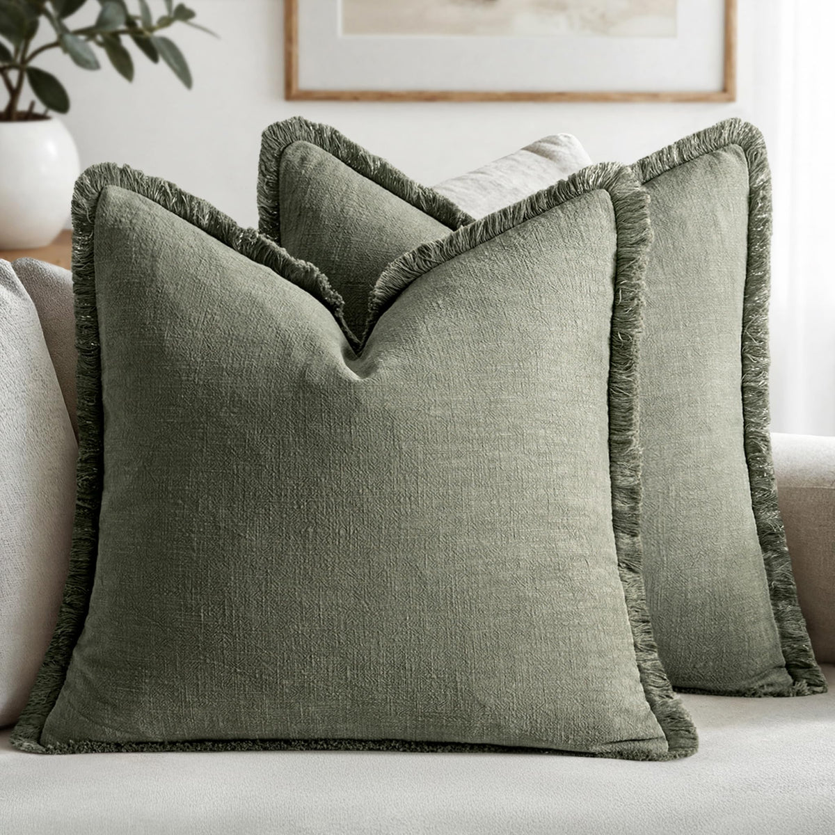 MIULEE Linen Fringe Decorative Fall Throw Pillow Covers Cocoa Brown 18x18