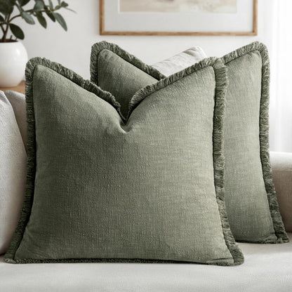 MIULEE Linen Fringe Decorative Fall Throw Pillow Covers Cocoa Brown 18x18