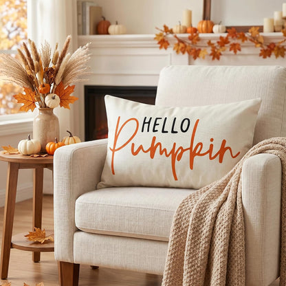Artscope Hello Pumpkin Beige Lumbar Throw Pillow Cover 12x20 Inch Fall Decoration Cushion Cover Thanksgiving Farmhouse Pillow Case for Home Sofa Couch Decor