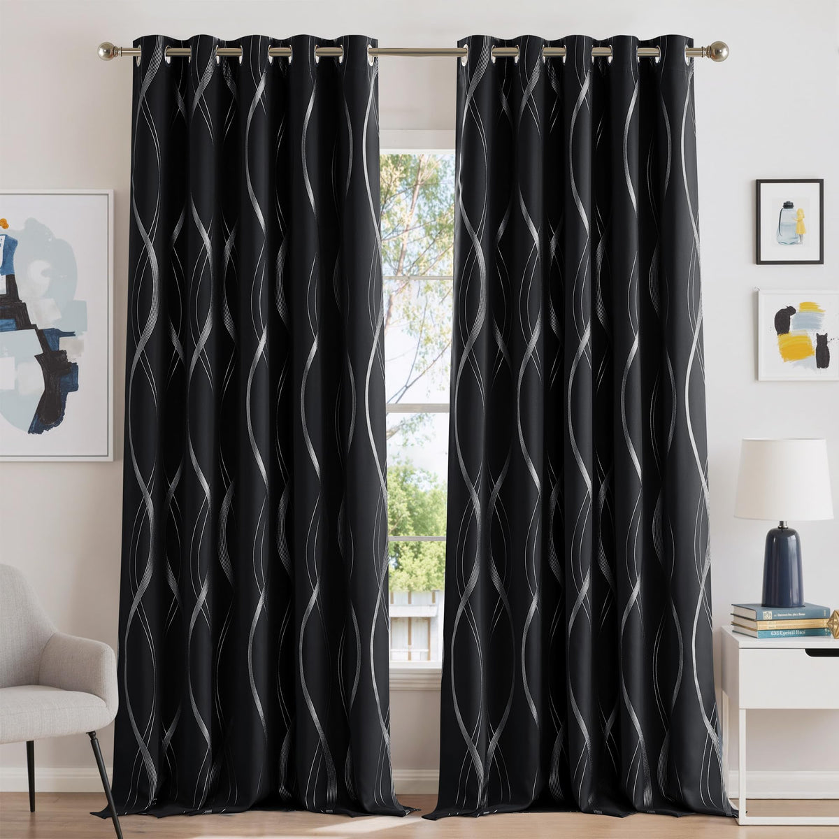 NICETOWN Grey Blackout Striped Pattern Curtains for Living Room, 52 x 84
