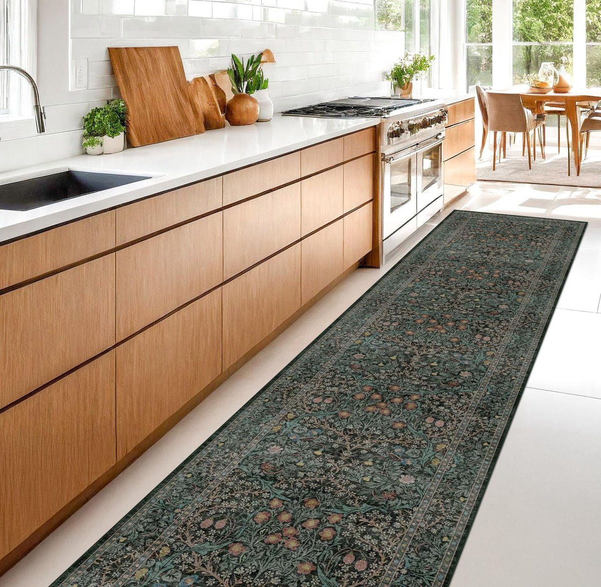 Floral Dark Green Washable Area Rugs 8x10, Vintage Living Room Rug