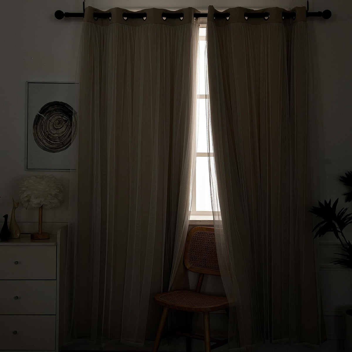 INLINAS Blackout Curtains with Sheer Overlay, Beige, 52x84 Inches
