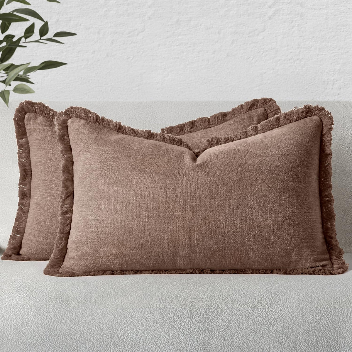 MIULEE Linen Fringe Decorative Fall Throw Pillow Covers Cocoa Brown 18x18