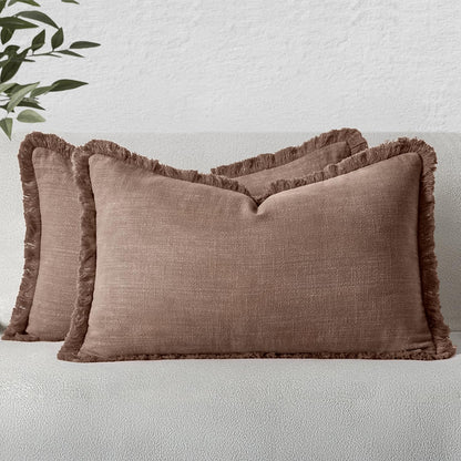 MIULEE Linen Fringe Decorative Fall Throw Pillow Covers Cocoa Brown 18x18