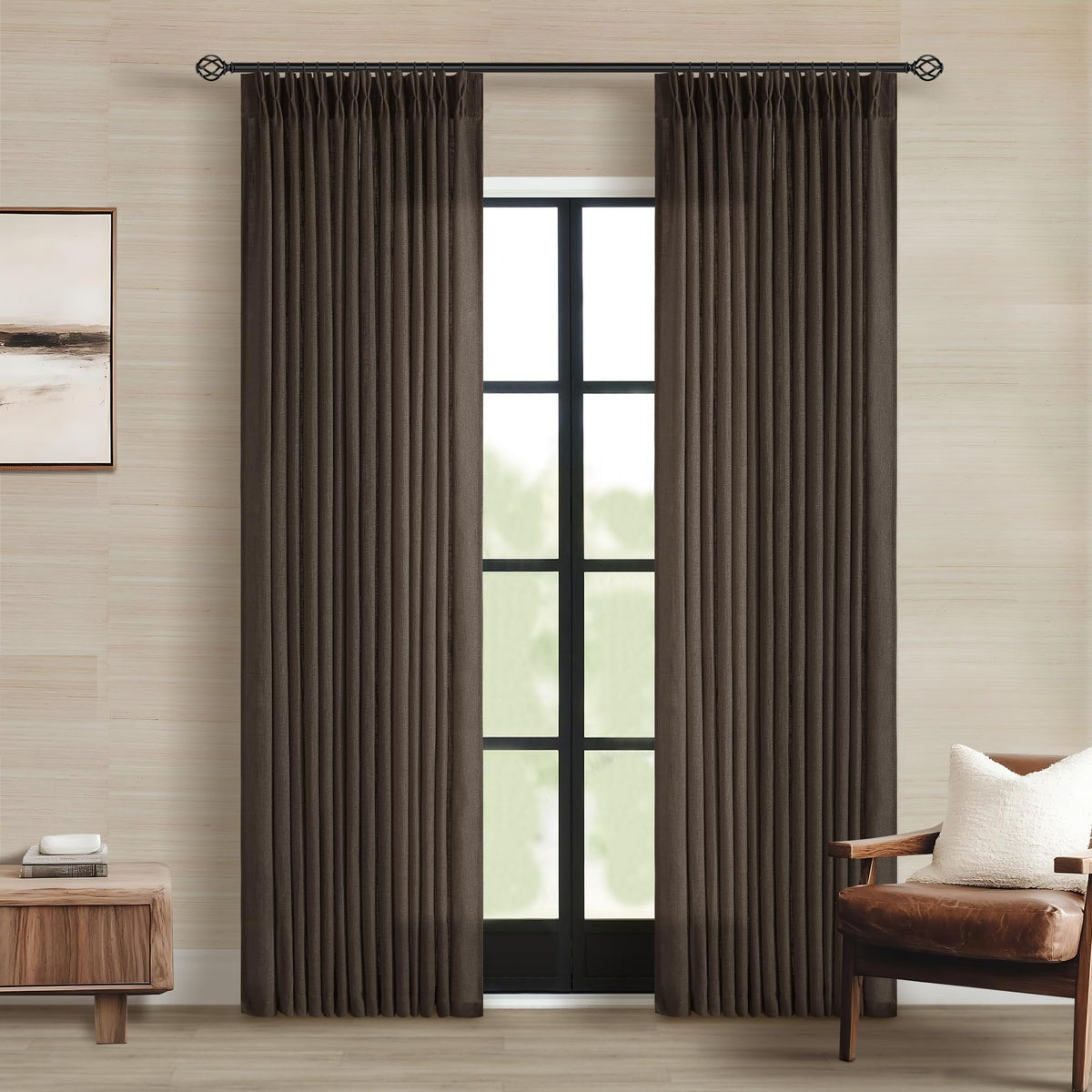 TWODRAPES Natural Pinch Pleated Linen Semi Sheer 84 Inch Curtains 2 Panels