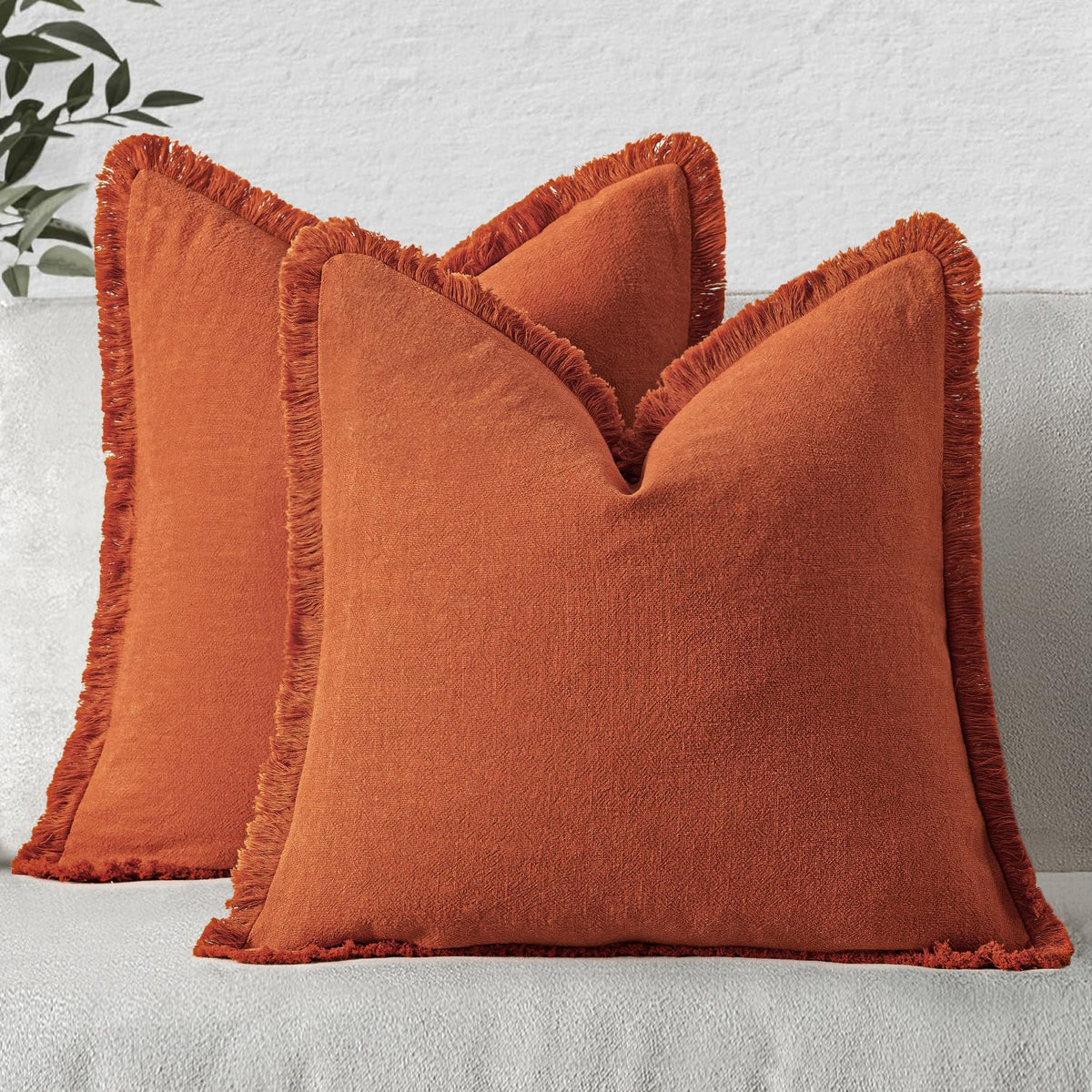 MIULEE Linen Fringe Decorative Fall Throw Pillow Covers Cocoa Brown 18x18