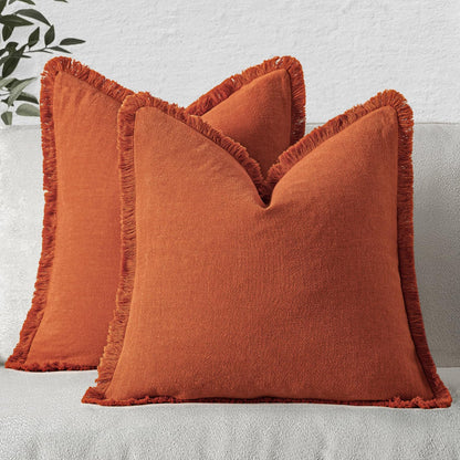 MIULEE Linen Fringe Decorative Fall Throw Pillow Covers Cocoa Brown 18x18