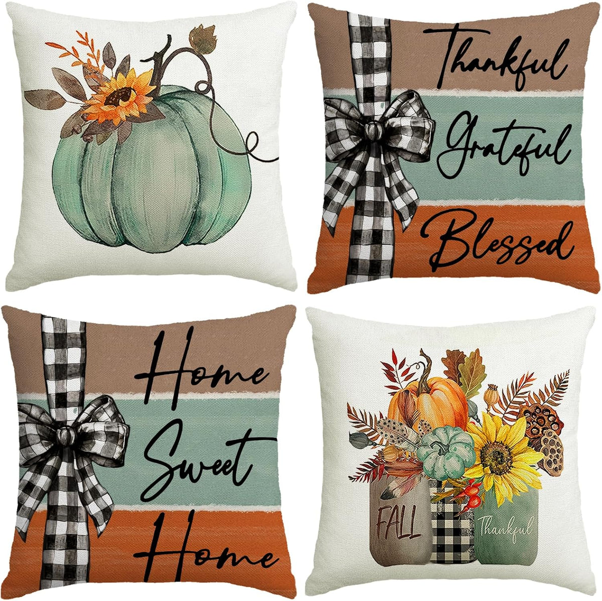 Fall Pillow Covers 18x18 Set of 4 Rustic Indoor Outdoor Decorations Fall Decor for Home Blue Throw Pillow Covers,Thankful Grateful Linen Autumn Cushion Case for Sofa Couch Chair Bedroom