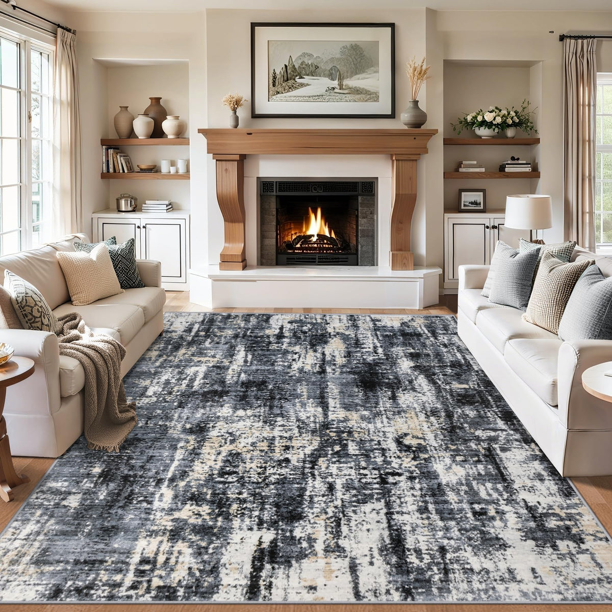 PLHXFR 8x10 Area Rug Living Room: Modern Abstract Washable Carpet Grey
