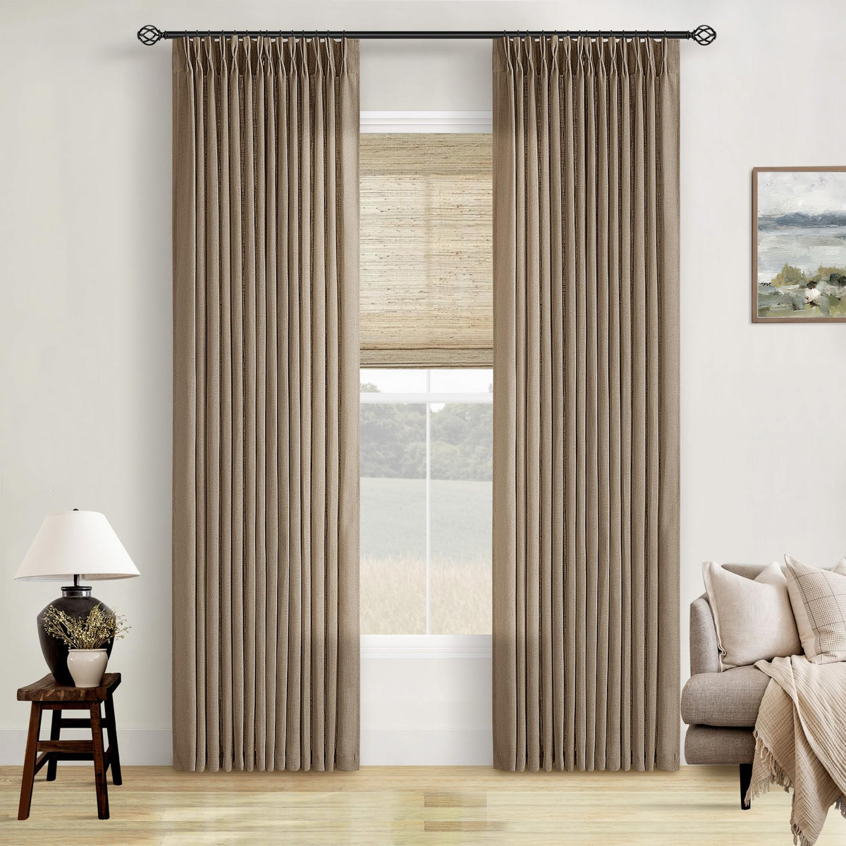 TWODRAPES Natural Pinch Pleated Linen Semi Sheer 84 Inch Curtains 2 Panels