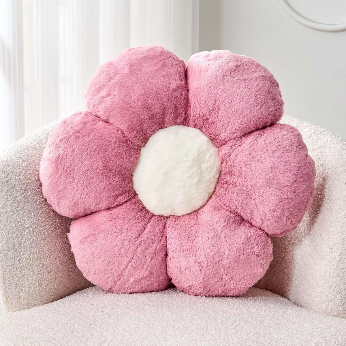 Kcvvcr Pink Flower Pillow, Cute Decorative Flower Shaped Throw Pillow with Faux Rabbit Fur, 14.9" Soft Flower Plush Throw Pillow Floor Pillows Room Décor for Bedroom Living Room