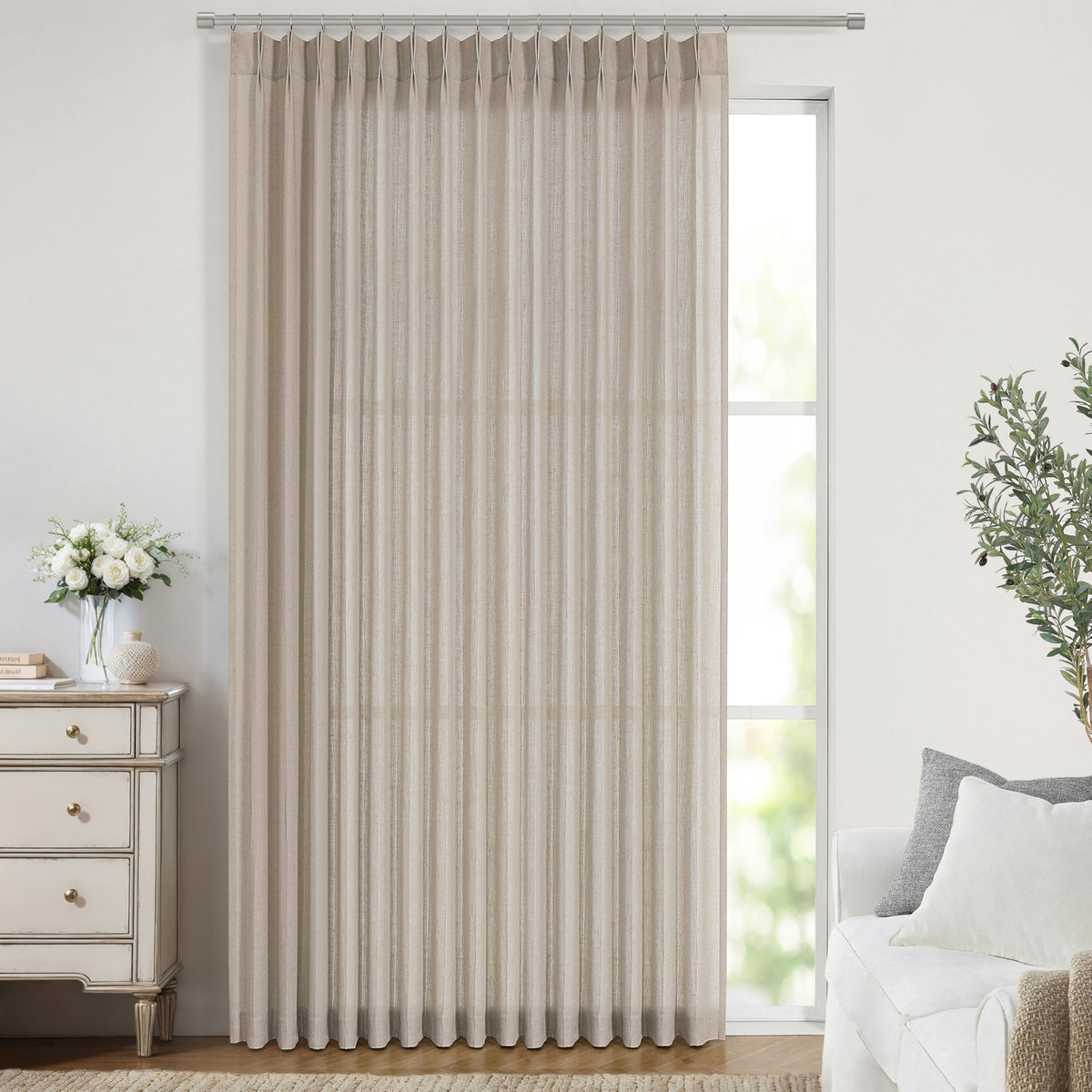 Vision Home Natural Linen Pinch Pleated Semi Sheer Curtains 42Wx90Lx2
