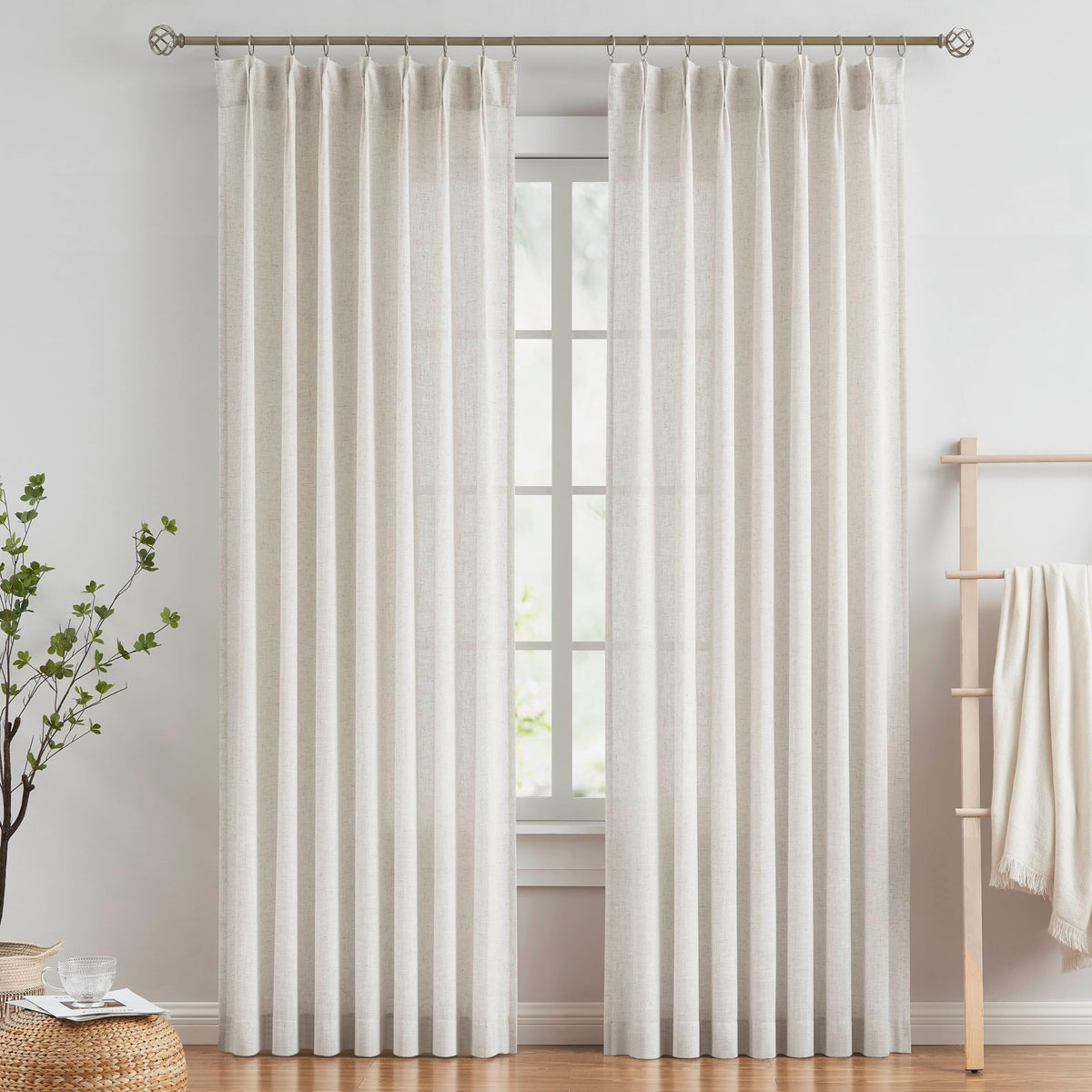 Vision Home Natural Linen Pinch Pleated Semi Sheer Curtains 42Wx90Lx2
