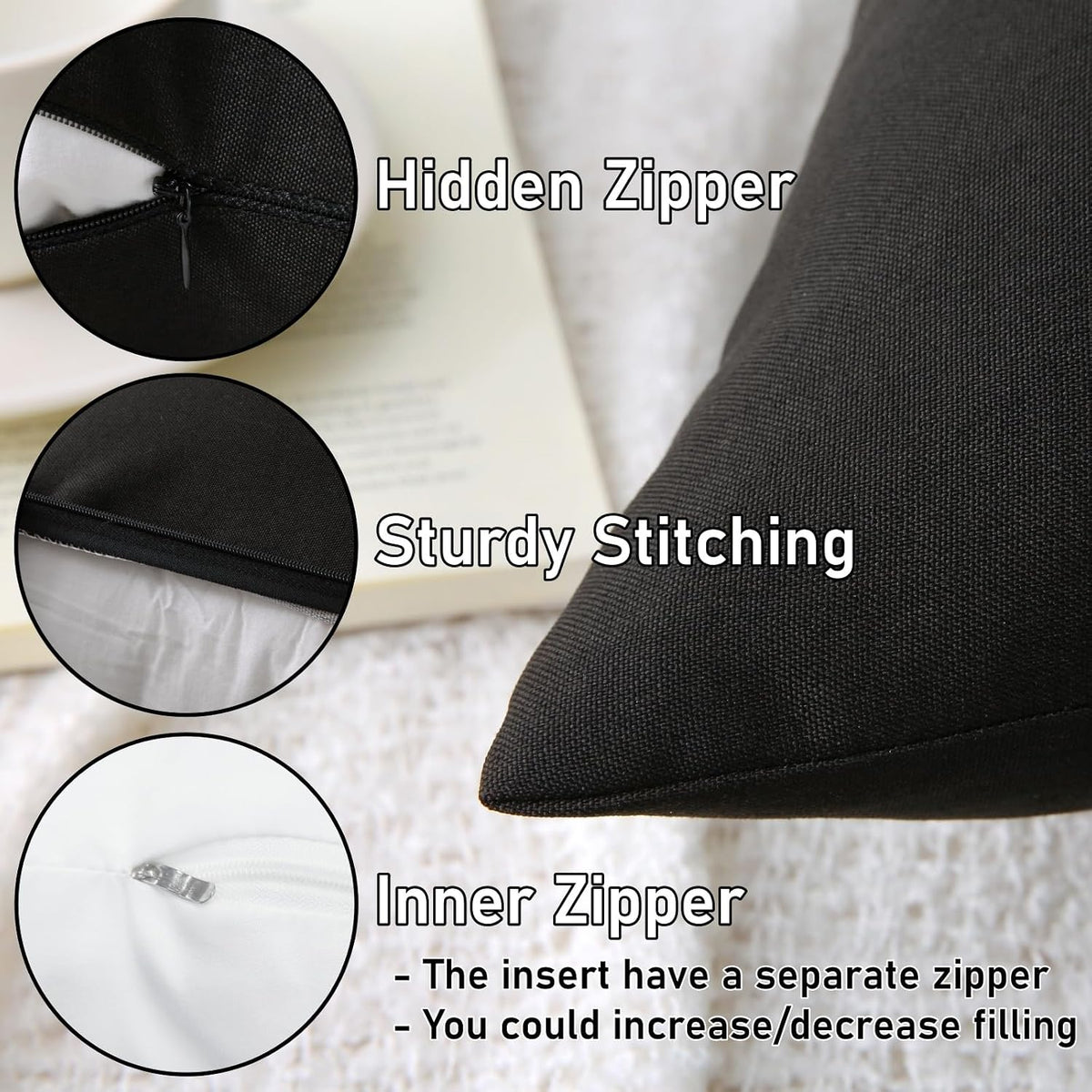 Outdoor Throw Pillows with Inserts, Waterproof Pillows for Outdoor Seating, Square Decorative Garden Cushion for Patio Furniture, Bed, Couch, Sofa(Black, 18" x 18" (Pack of 2))