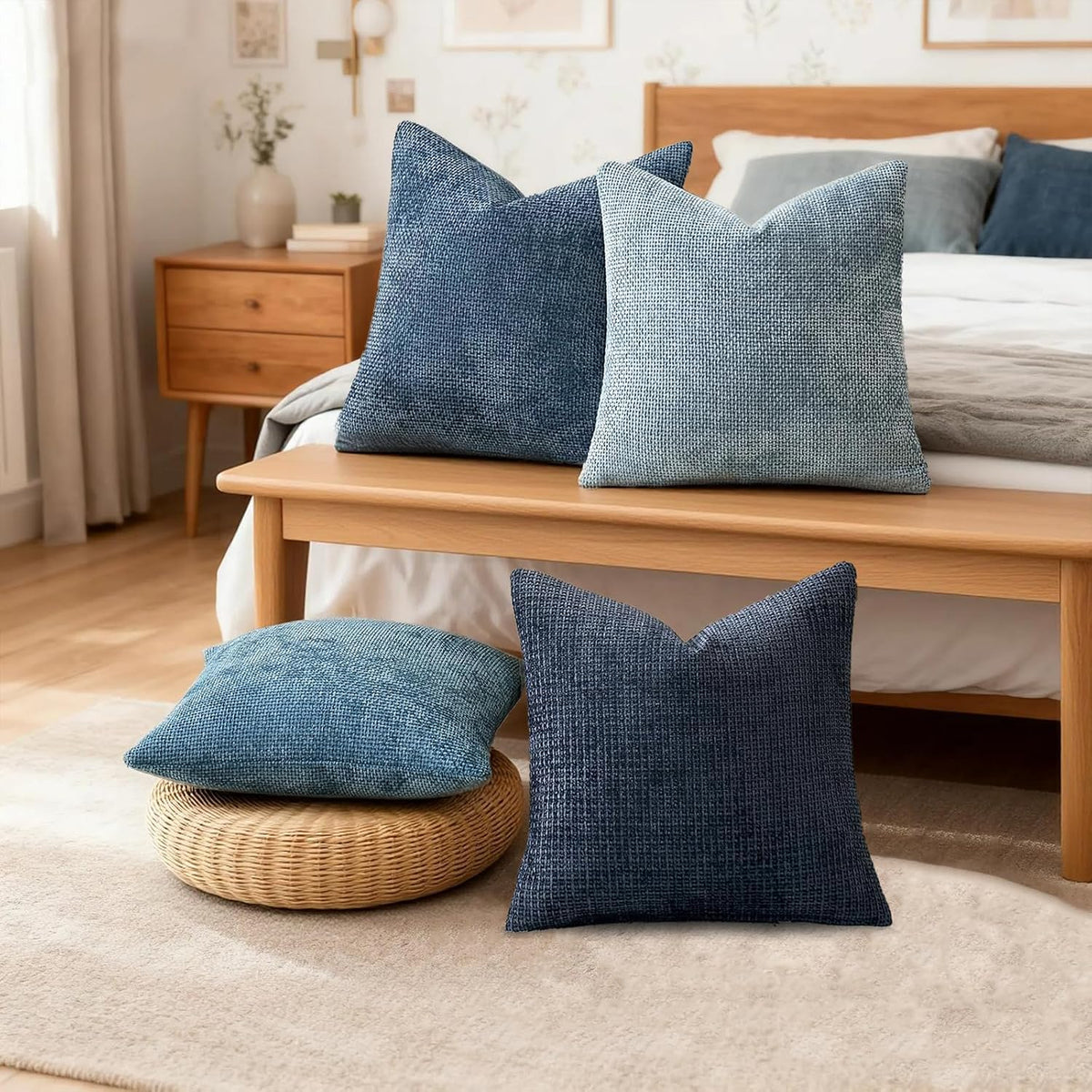 ZONYO Throw Pillow Covers 18x18 Set of 4, Soft Plush Chenille Decorative Fade Resistant Washable Cushion Covers for Couch Sofa Bed, Navy Blue Boho Farmhouse Coastal,Living Room, Bedroom Decor
