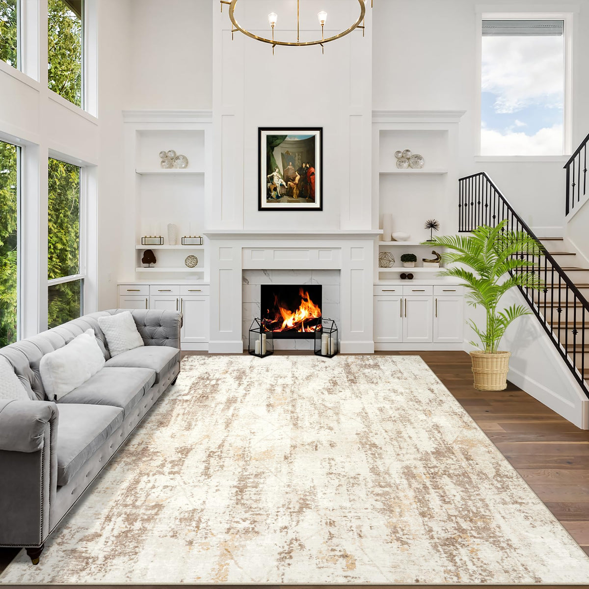 8x10 Area Rugs for Living Room: Washable Abstract Black Grey Gold Carpet
