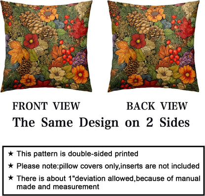 Fall Pillow Covers Autumn Leaf Throw Pillow Covers 18x18 Set of 2 Bohemian Floral Pillow Cases Thanksgiving Berry Pinecones Cushion Cases for Home Farmhouse Sofa Couch Patio