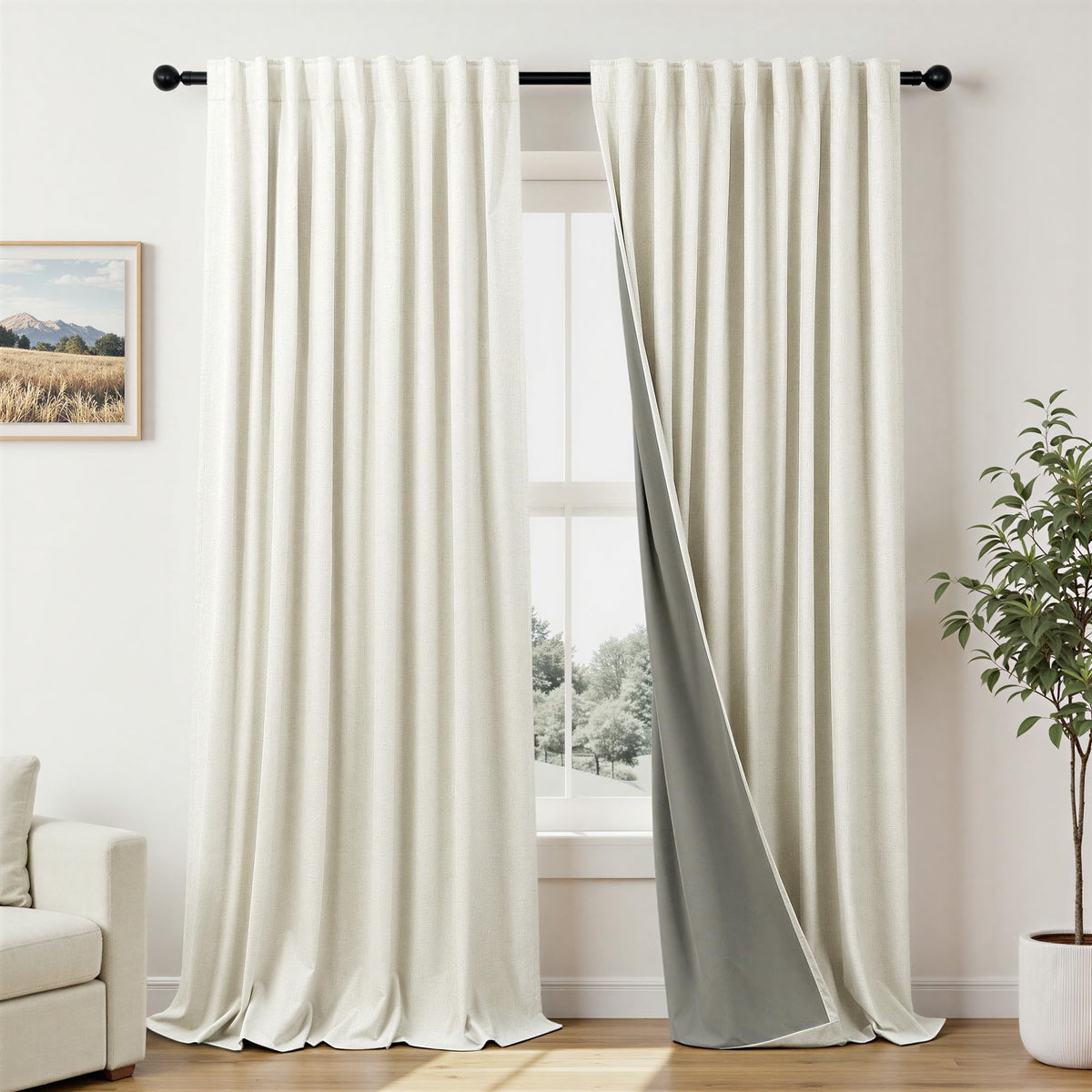 100% Blackout Curtains 84 Inch Length 2 Panels Set Neutral Boho Linen Farmhouse for Bedroom Windows Living Room Darkening Thermal Insulated Drapes Natural Cream Ivory 7ft Long Back Tab Pleated Pocket