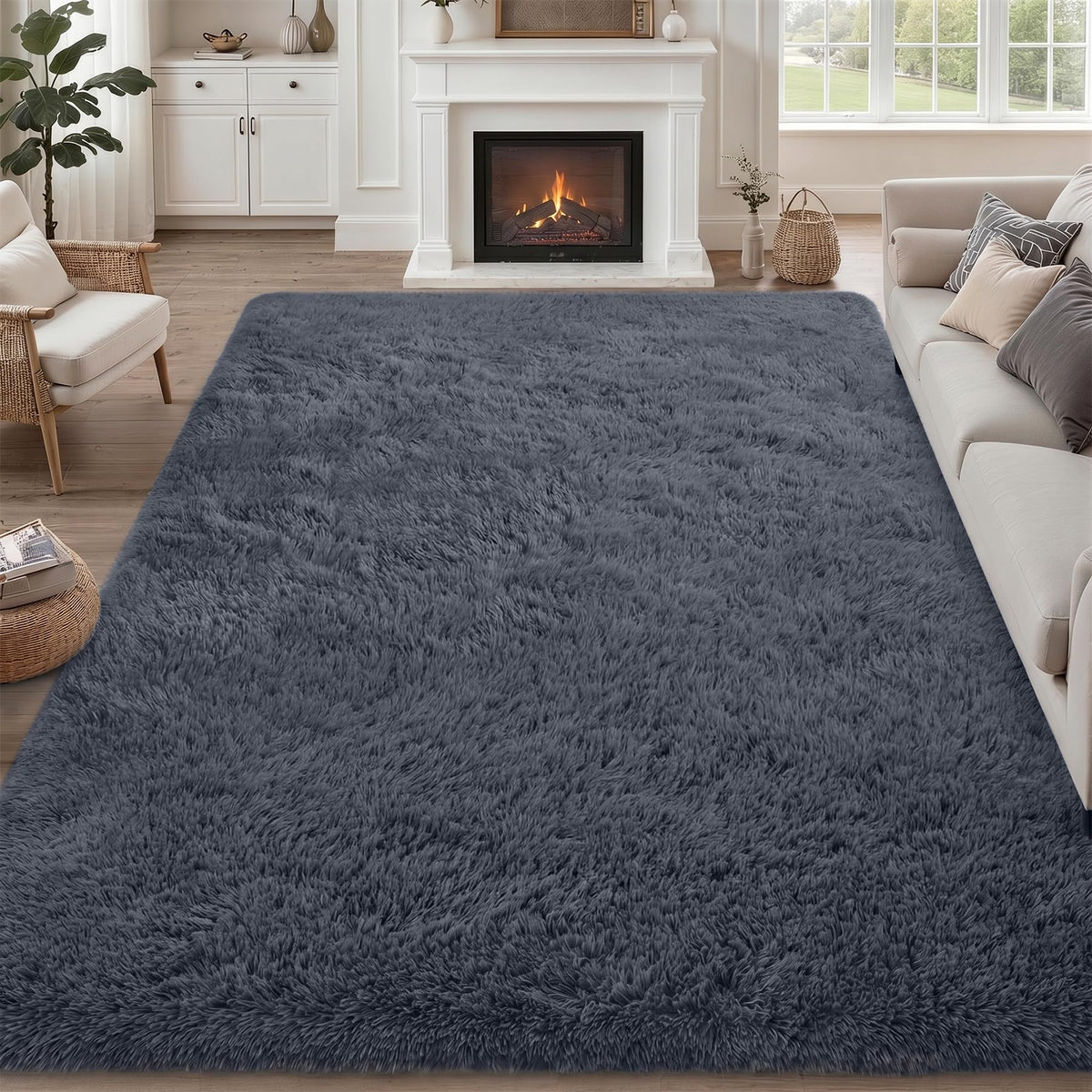 8x10 Area Rug Living Room Bedroom: Fluffy Plush Shag Carpet Black