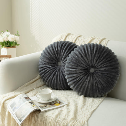 HIG Set of 2 Beige Velvet Decorative Round Pleated Throw Pillows