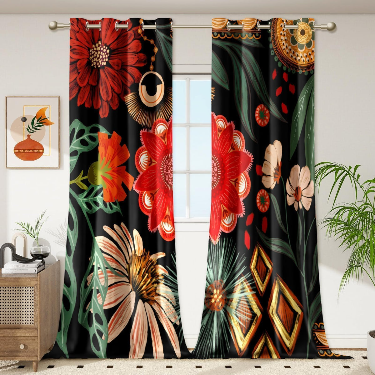 Tyrot Black Boho Floral Grommet Blackout Curtains, 52W x 84L, 2 Panels