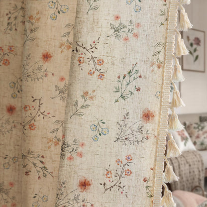 Boho Floral 100% Blackout Curtains 84 Inch 2 Panels Linen Texture