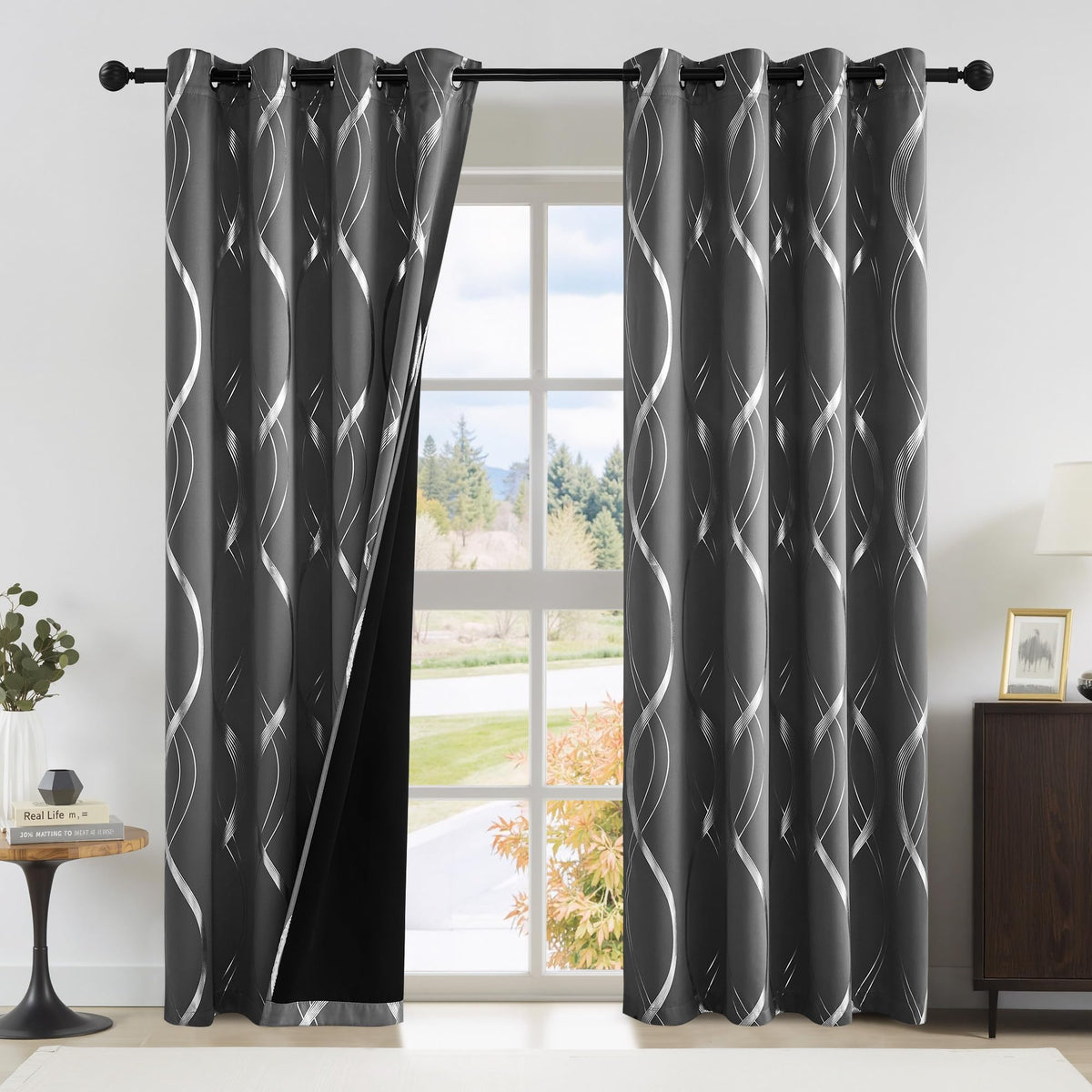 NICETOWN Grey Blackout Striped Pattern Curtains for Living Room, 52 x 84