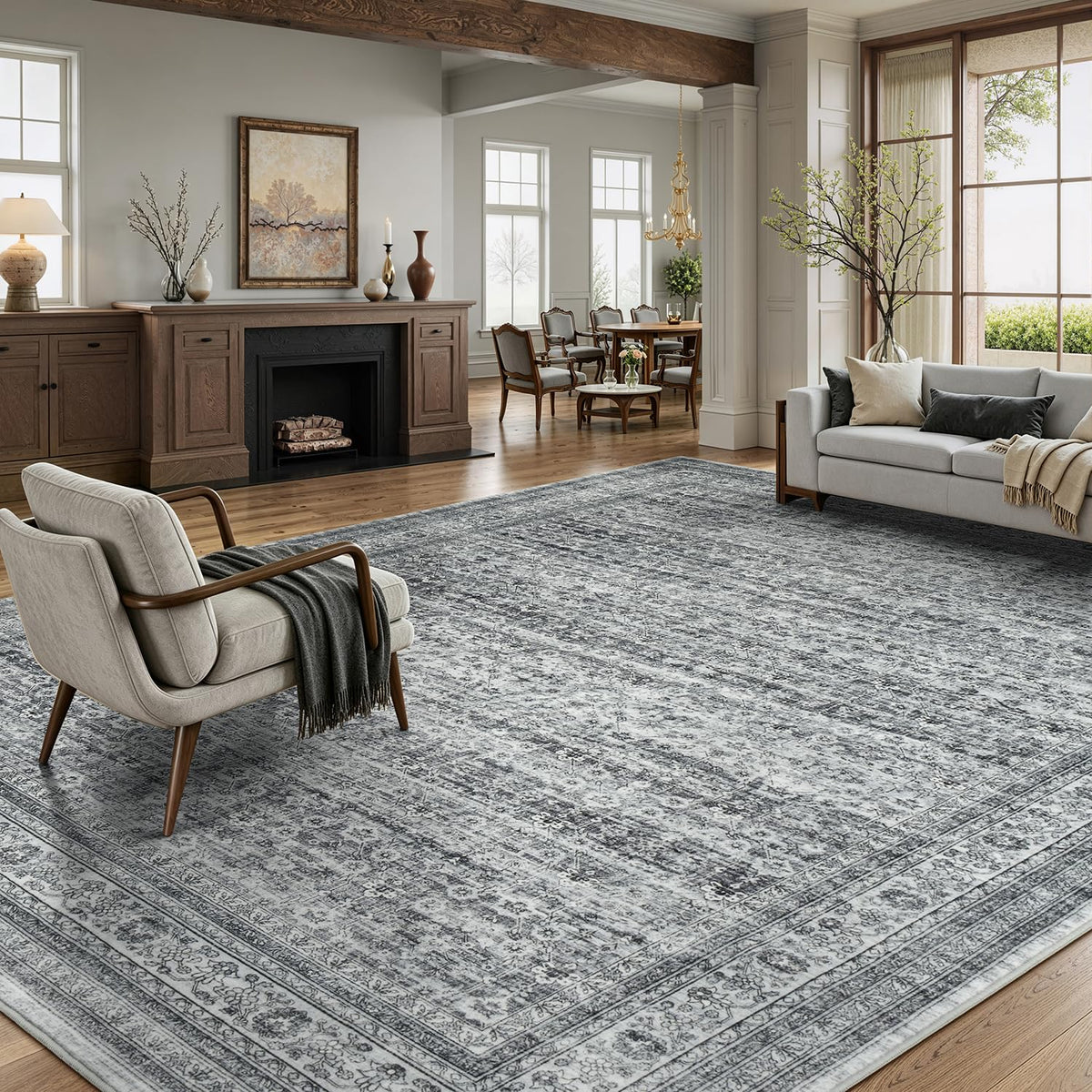Sage Green 8x10 Area Rug for Living Room, Vintage Boho Large Carpet