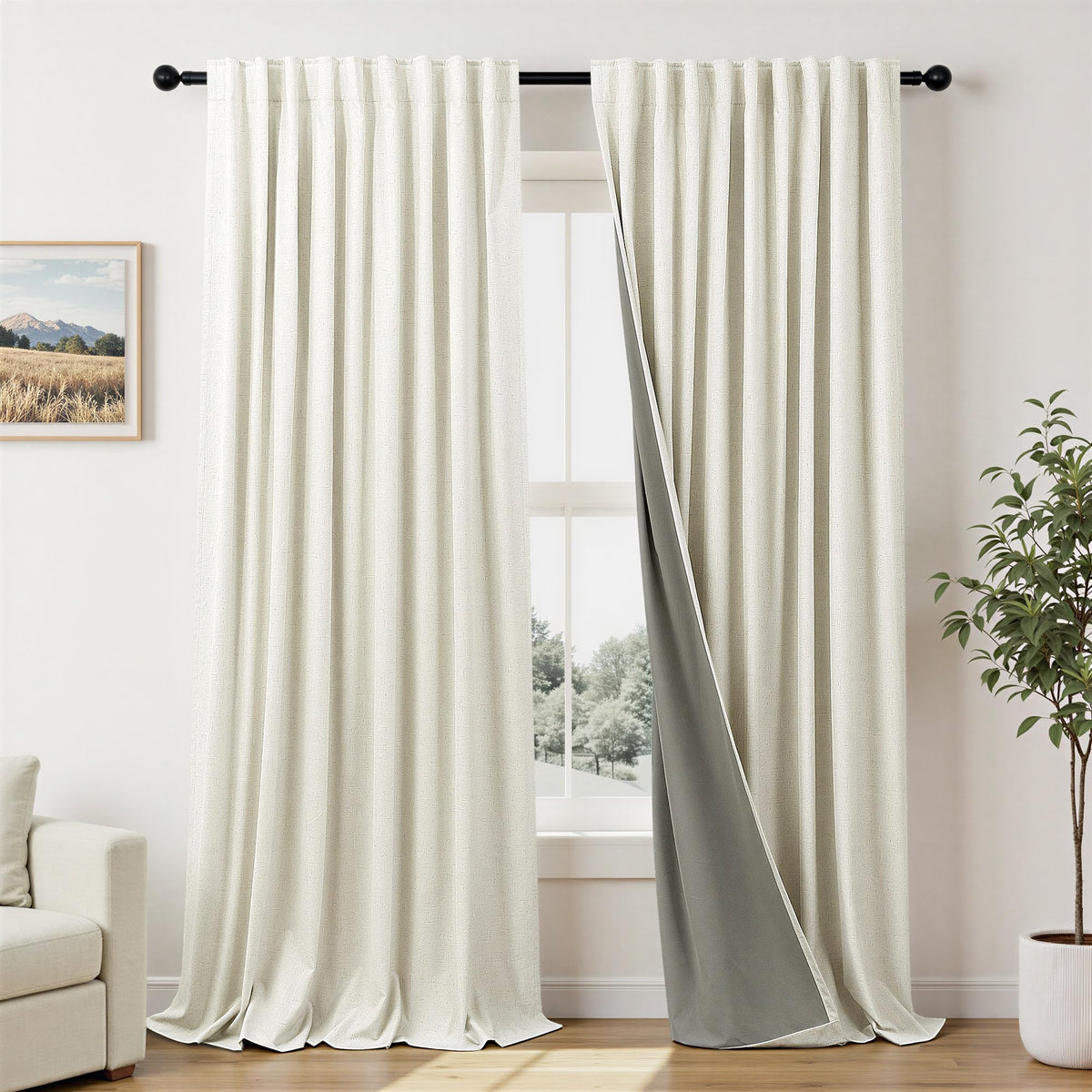 100% Blackout Curtains 84 Inch Length 2 Panels Set Neutral Boho Linen Farmhouse for Bedroom Windows Living Room Darkening Thermal Insulated Drapes Natural Cream Ivory 7ft Long Back Tab Pleated Pocket