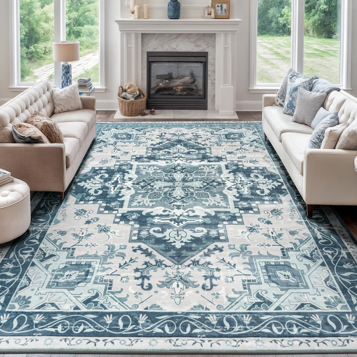 Rugflix 8x10 Area Rug for Living Room, Washable Navy Blue Dark Black Carpet