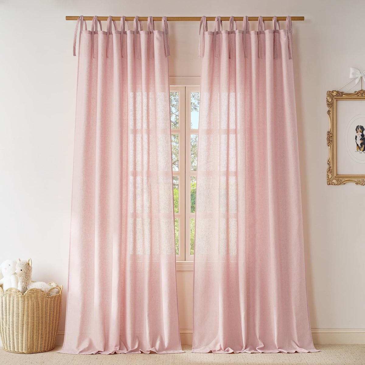 NICETOWN Thick Linen Curtains 84 inch Length 2 Panels Set, Tie Top Light Filtering Curtains Semitransparent Linen Burlap Drapes Privacy for Bedroom/Princess Room, W52 x L84, Natural