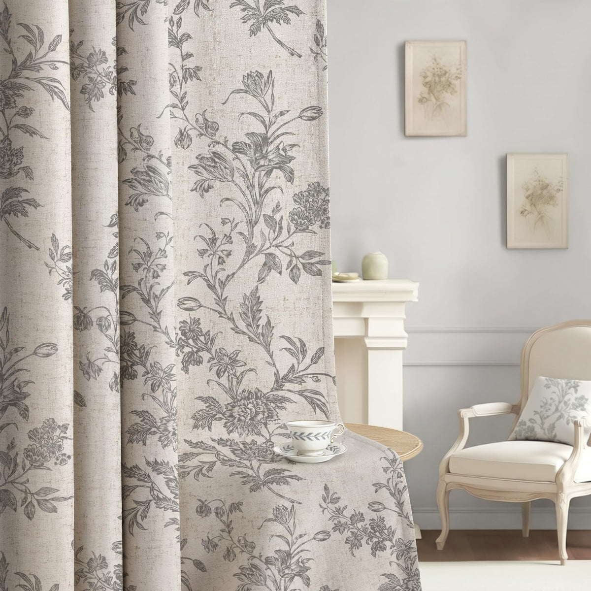 Boho Floral 100% Blackout Curtains 84 Inch 2 Panels Linen Texture