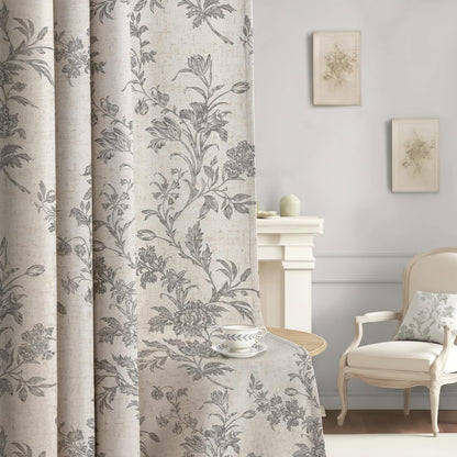 Boho Floral 100% Blackout Curtains 84 Inch 2 Panels Linen Texture