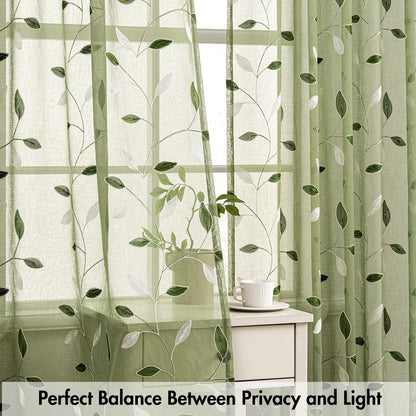 MIULEE Sage Green Sheer Curtains 2 Panels Leaf Patterned, W52 x L84