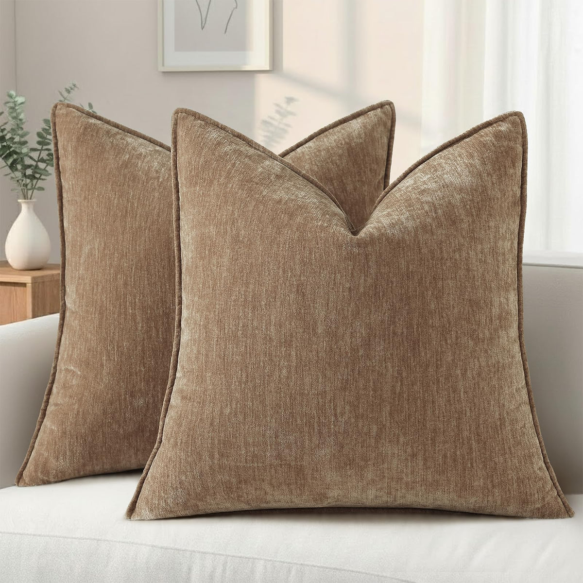 decorUhome Chenille Beige Velvet Throw Pillow Covers 18x18 Set of 2
