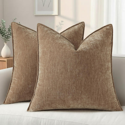 decorUhome Chenille Beige Velvet Throw Pillow Covers 18x18 Set of 2