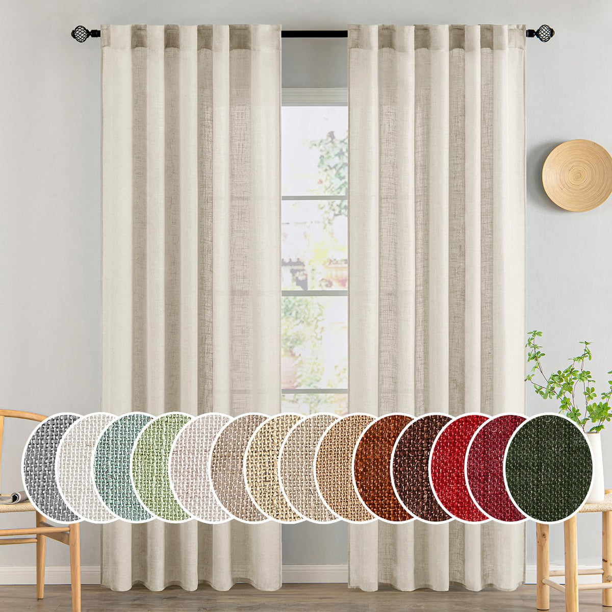 MIULEE Natural White Linen Curtains 52x84 Inch Long for Bedroom Living Room