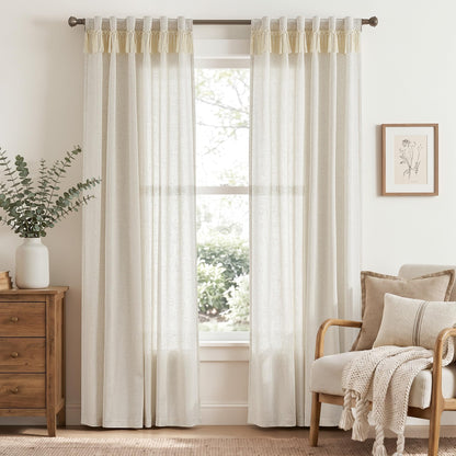jinchan Linen Curtains Light Filtering Back Tab 50x96 Inch 2 Panels Beige