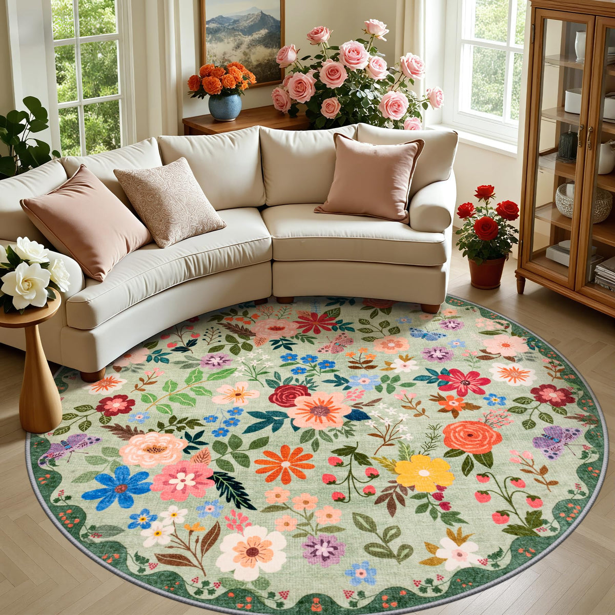 PLHXFR 8x10 Area Rug Living Room: Floral Washable Boho Carpet Dark Green