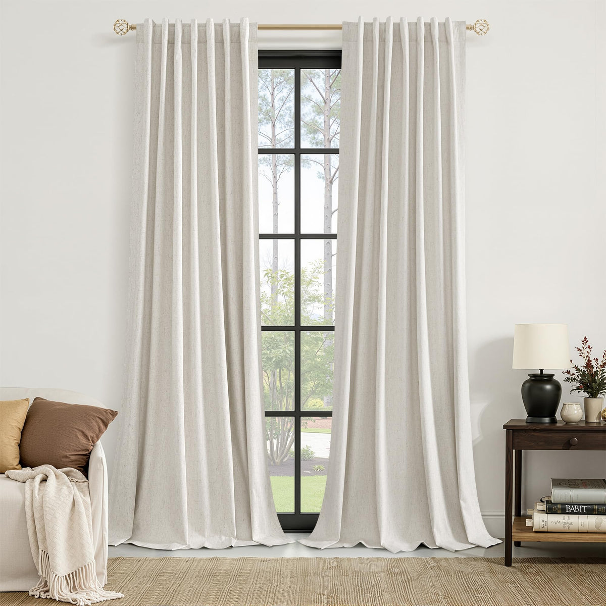 Guken Cream Linen Blackout Curtains 84 Inch Length 2 Panels Set for Living Room Bedroom Back Tab Thermal Insulated 100% Black Out Drapes Room Darkening Window Curtain Ivory Natural Beige