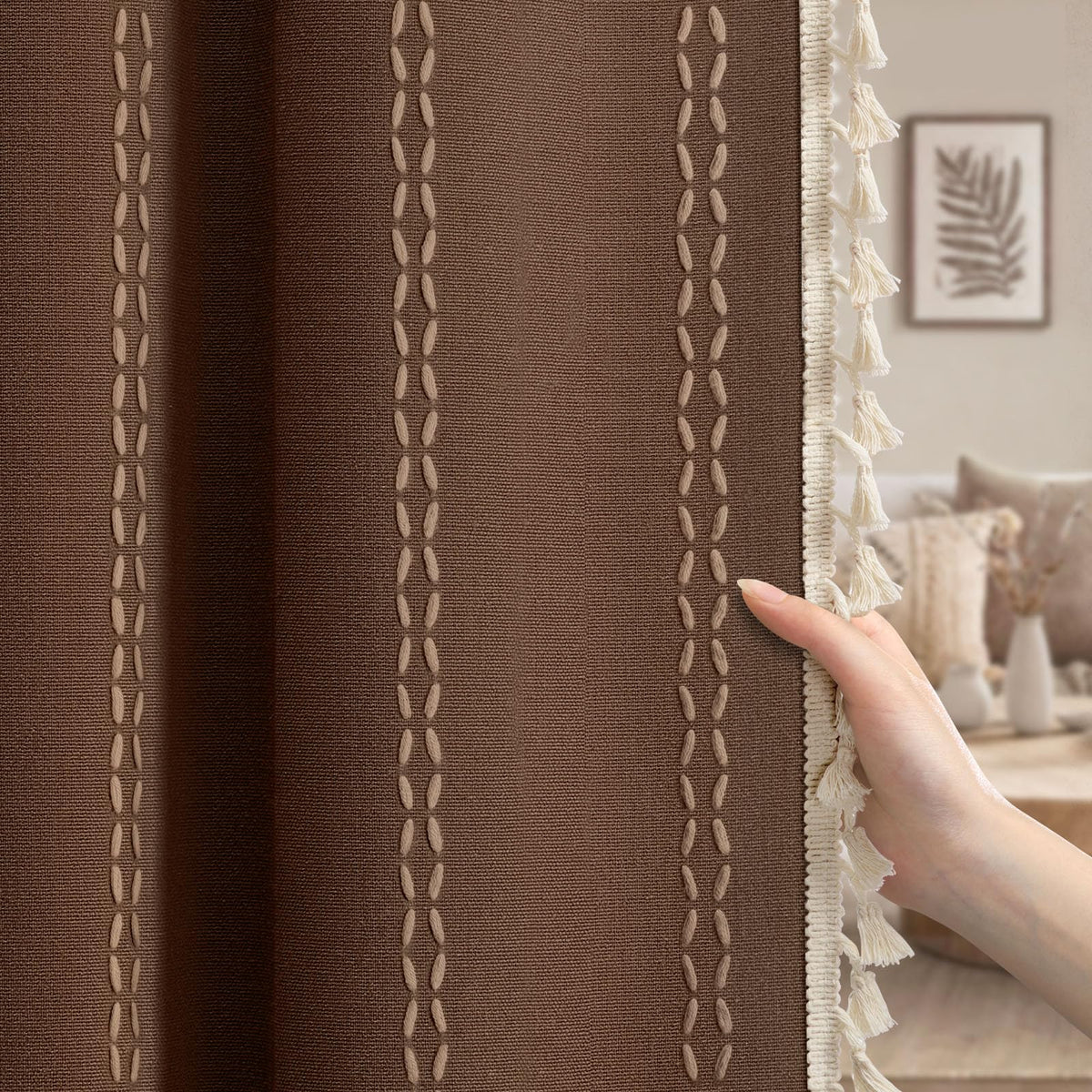 Boho 100% Blackout Curtains 84 Inch 2 Panels Linen Blend Beige
