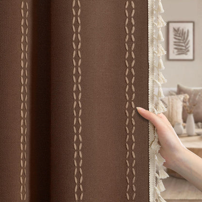 Boho 100% Blackout Curtains 84 Inch 2 Panels Linen Blend Beige