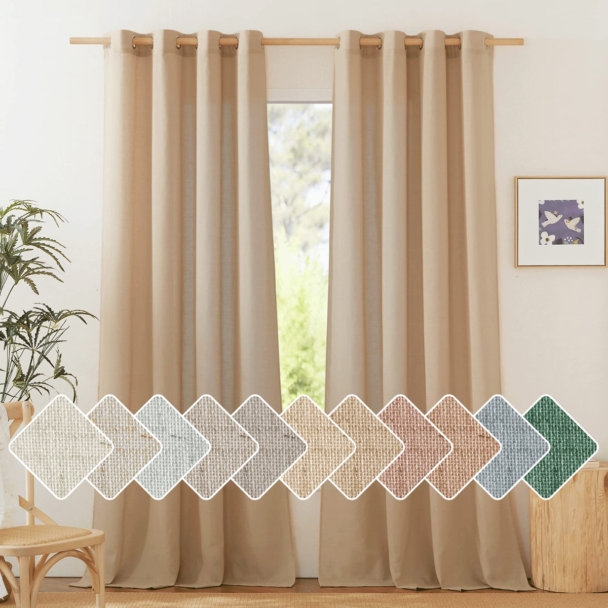NICETOWN Natural Linen Curtains 84 inch Long 2 Panels Set, Grommet Top Thick Linen Burlap Semi Sheer Vertical Drapes Privacy Assured with Light Filtering for Bedroom/Living Room, W55 x L84