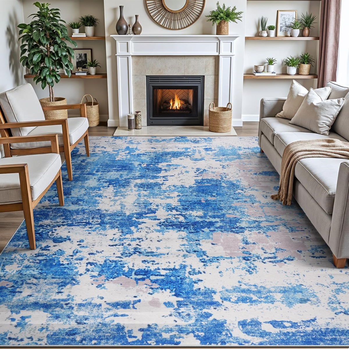 famibay 5x8 Area Rug, Abstract Washable Rugs for Living Room Low Pile Neutral Area Rug for Bedroom Aesthetic Non Slip Rubber Backed Carpet Rugs for Living Room Bedroom Dining Room(Beige/Camel)