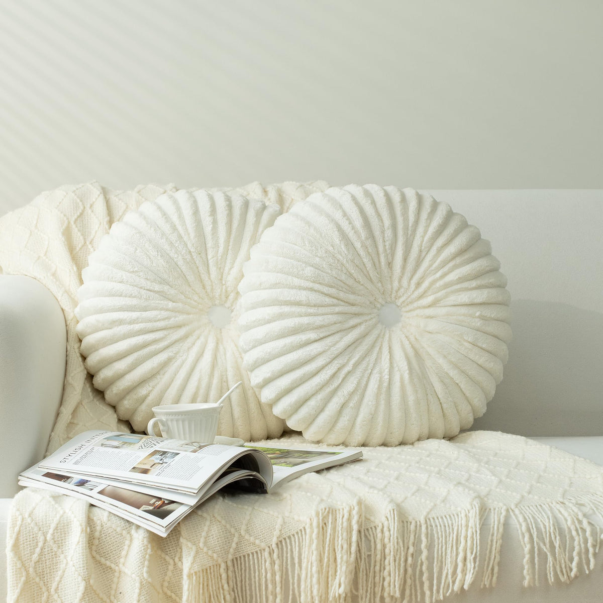 HIG Set of 2 Beige Velvet Decorative Round Pleated Throw Pillows
