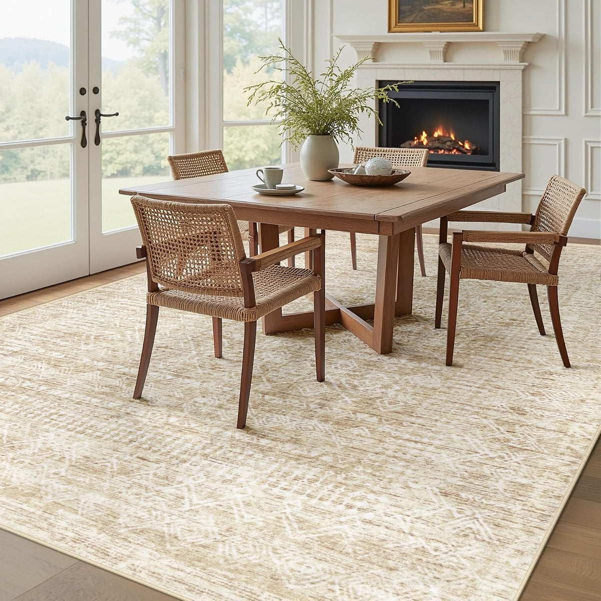 Living Room Rugs 8x10: Washable Moroccan Geometric Boho Rug Farmhouse Non Slip Stain Resistant Large Rug Low Pile Soft Carpet for Bedroom Dining Room Children Room (Beige,8'x10')