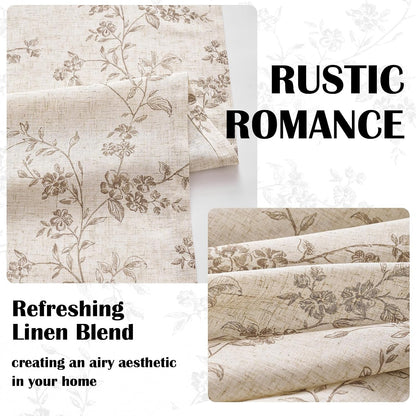 Lazzzy Taupe Vintage Floral Linen Curtains Farmhouse 50W X 84L 2 Panels